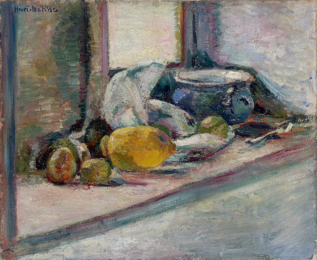 A painting of fruits on a window sill