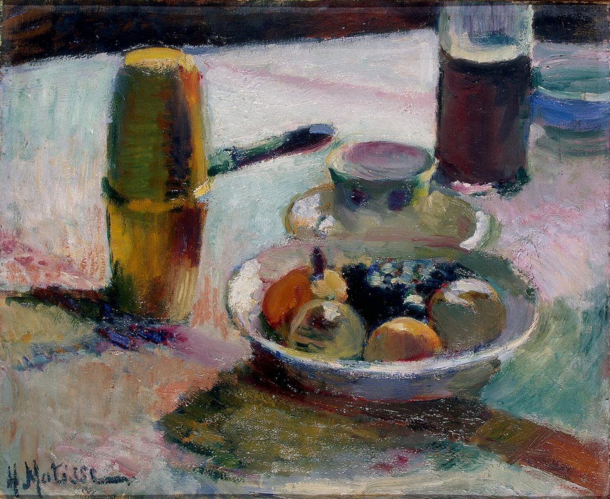 A painting of fruit on a table