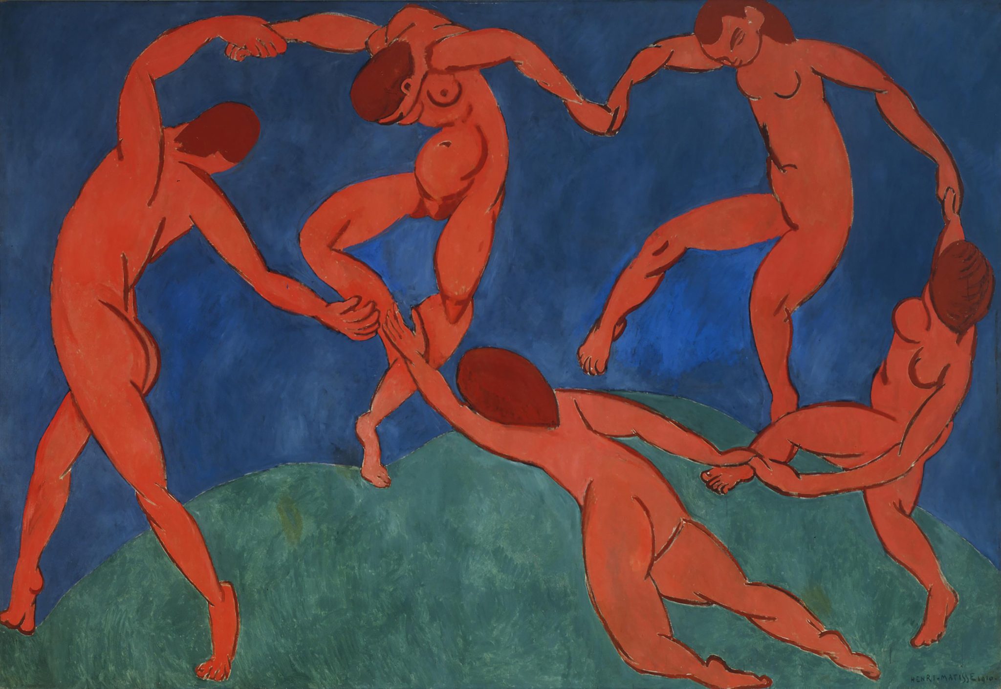 A painting of five red figures in dance