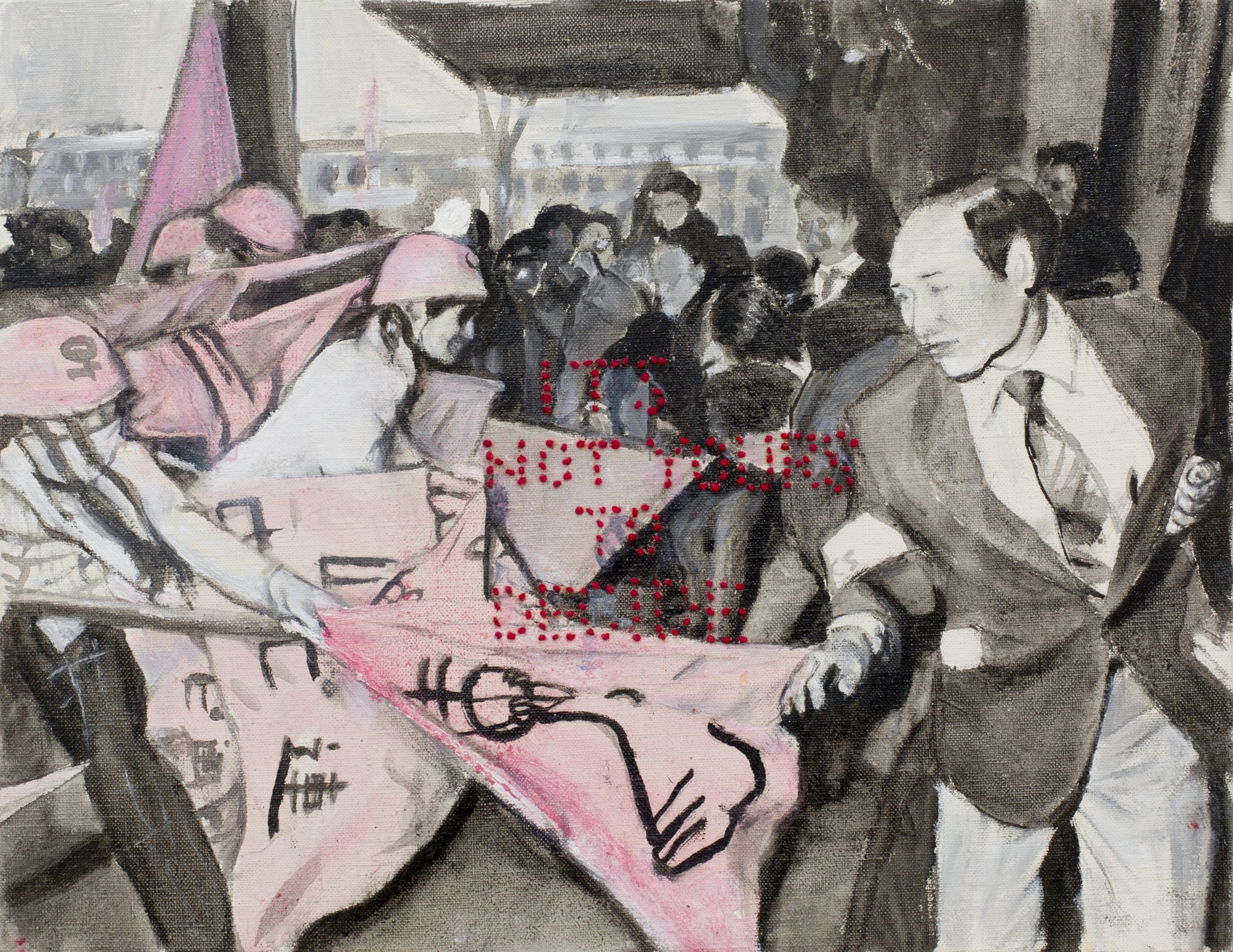 painting by Yoshiko Shimada based on photograph of feminist activist group Chuupiren demanding legalization of birth control pills on April 4 1975 in Kyoto