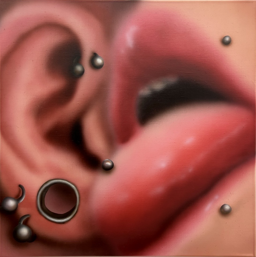A painting by ¥ouada of an extreme close up view of pierced mouth licking pierced ear 