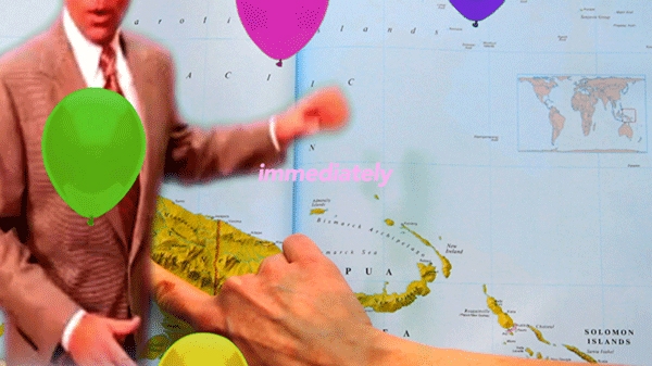 Heather Phillipson: immediately and for a short time balloons weapons to too-tight clothing worries of all kinds (2013), 15’ 23’’ Presented by Rowing, London