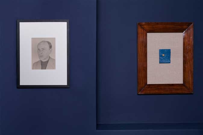 Purkinje Effect, 2013 (installation view, from left: Anonymous, Portrait of Hans Bellmer, c. 1945, vintage gelatin silver print, 25 × 19 cm; Francis Picabia, Point, 1951, oil on cardboard). Courtesy Galerie 1900–2000, Paris