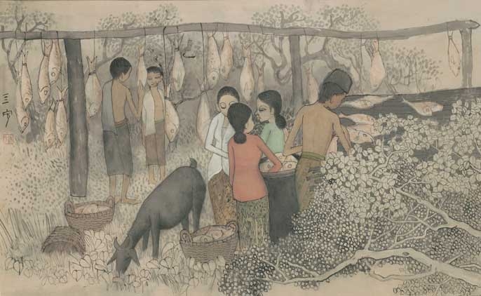 Cheong Soo Pieng, Drying Salted Fish, 1978, oil on canvas, 89 × 56 cm. Collection National Heritage Board, Singapore