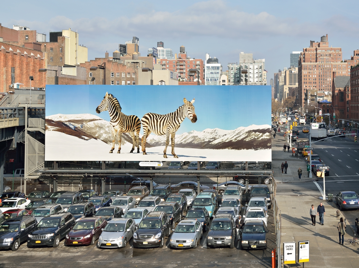 Paola Pivi, Paula Pivi, Untitled (Zebras), 2003 (installation view, High Line Art, 2012, New York), billboard. Photo: Hugo Glendinning