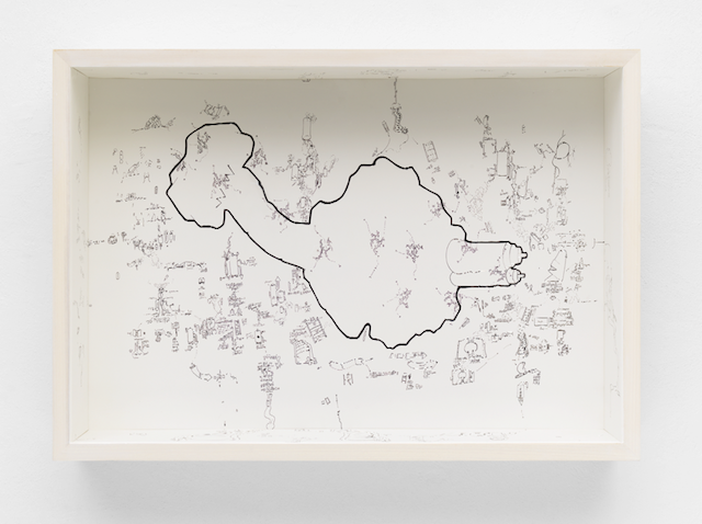 Gianfranco Baruchello, Connect/Disconnect, 2015, Indian ink on cardboard and Plexiflas, wood, 70x100cm. Courtesy MDC London