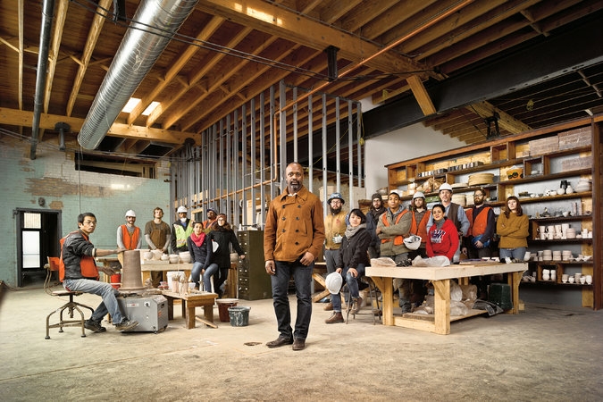 Theaster Gates with employees and artists in his pottery studio. News 12 April 2016