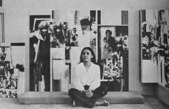Nirmala Dutt Shanmughalingam in front her mixed-media work, Africa II (1980). News 6 Dec 2016 