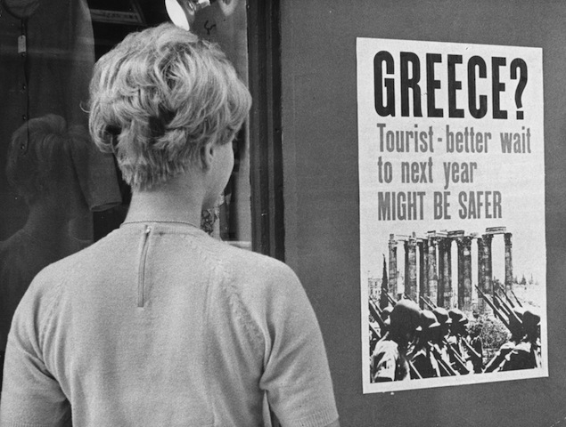 A poster in Copenhagen warns tourists against travelling to Greece under the authoritarian Papadopoulos regime, 1967. Photo: Myrhoj/Getty Images