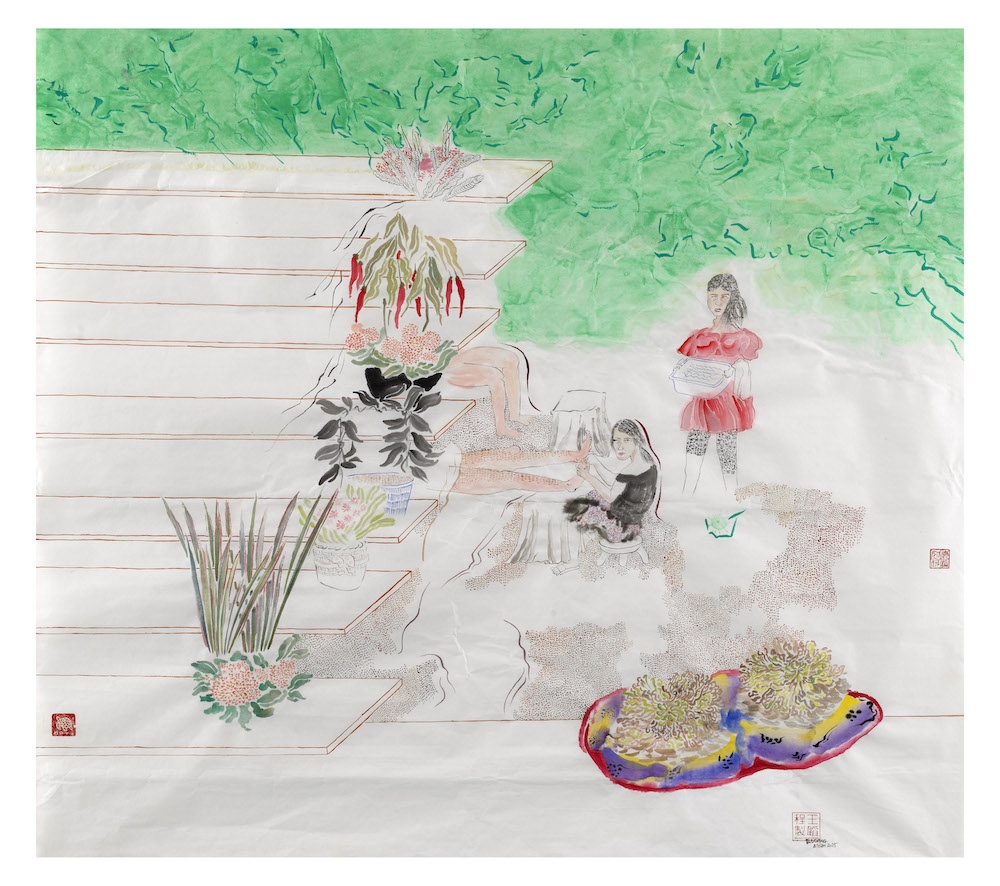 Sunny Was Doing Foot-massage Under A Wood Stair Decorated With Different Real and False Plants, 2015. Image: courtesy the artist and Galerie Fons Welters, Amsterdam