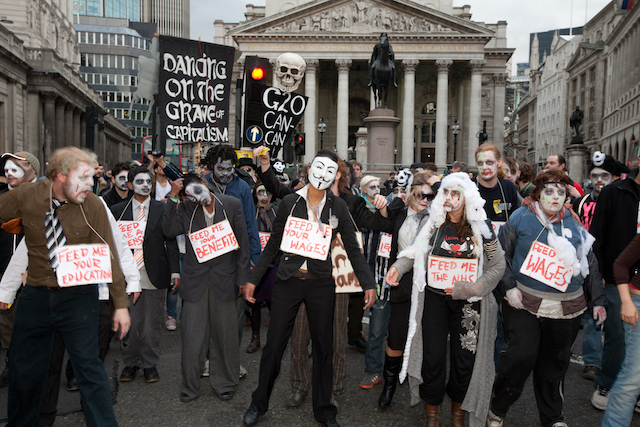 Activists dressed as zombies dancing to Michael Jackson’s Thriller in front of the bank of England, 2011. AR September 2018 Feature