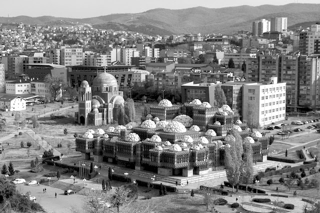 Pristina: National library, with the unfinished Serbian Orthodox Christ the Savior Cathedral on the left. News 8 May 2019