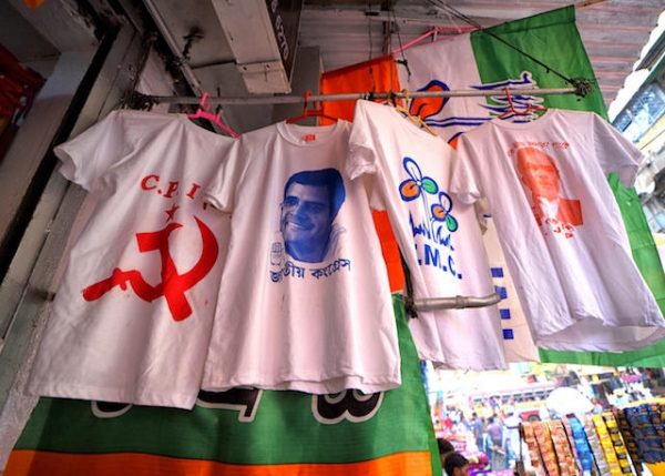 T-shirts for supporters of, from left, CPIM, National Congress, Trinamool Congress and Bharatiya Janata Party. ARA Summer 2019 Opinion
