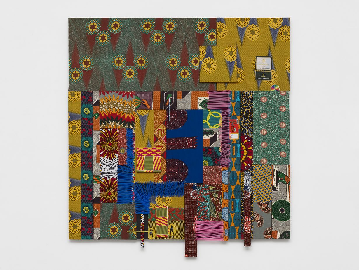 Ibrahim Mahama. Question jam answer, 2013-2022. Wood panel wrapped in wax print cloth with jute thread. 72x72in. © the artist. Photo © White Cube (Theo Christelis)