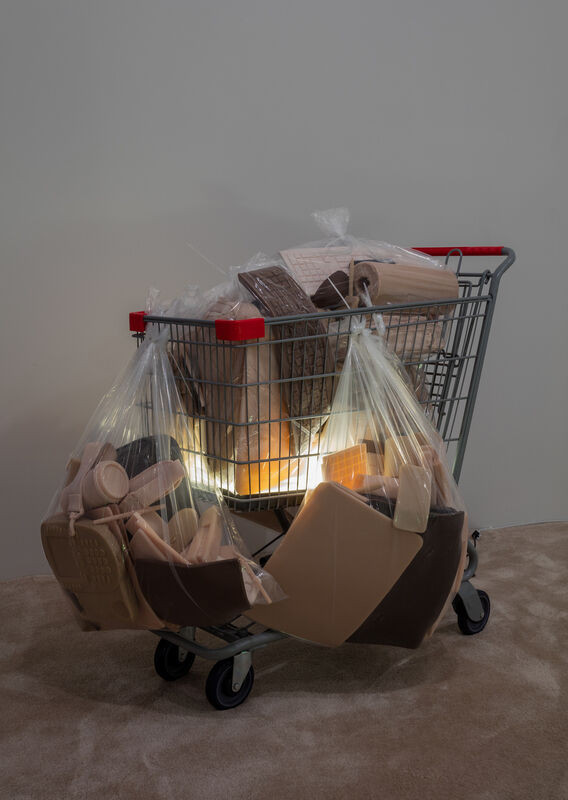 Josh Kline, Poverty Dilation, 2016. Cast silicone, shopping cart, polyethylene bags, plastic zip tie, rubber, plexiglass, LEDs, and power cord, 45 x 40 x 50 in. (114.3 x 101.6 x 127 cm). Collection of Barbara and Howard Morse. © Josh Kline. Photograph by Joerg Lohse; image courtesy the artist and 47 Canal, New York