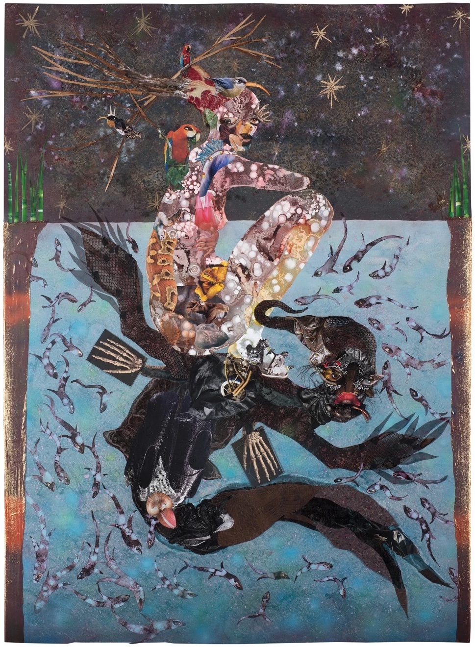 Wangechi Mutu, Beneath Lies the Power, 2014, collage painting on vinyl, 231 x 175.1 x 8.9 cm. Courtesy Victoria Miro
