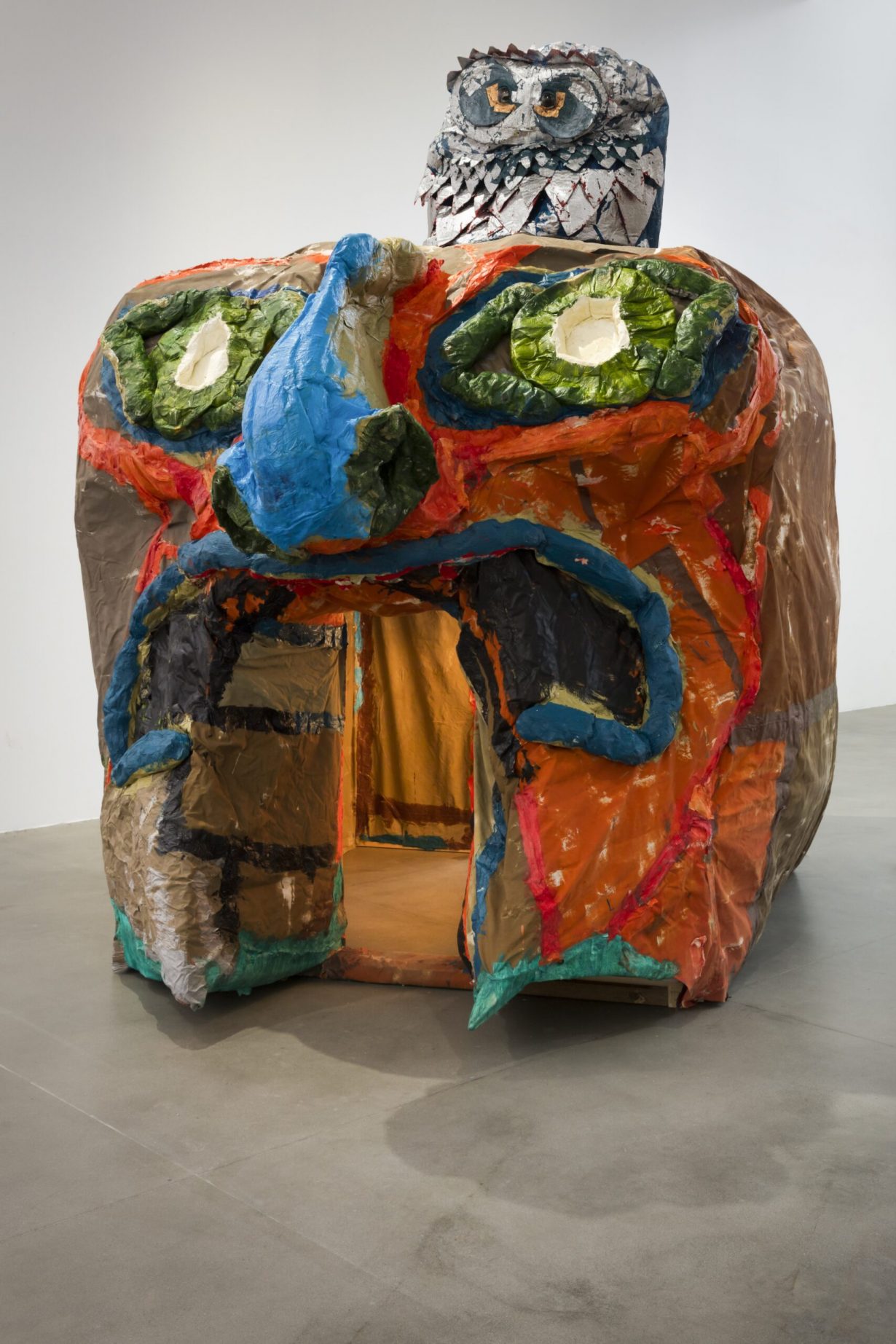 Monster Chetwynd, Il Tetto, 2017, wood, papier-mache, exhibition view, Monster Chetwynd, The Owl with the Laser Eyes, Fondazione Sandretto Re Rebaudengo, 2018