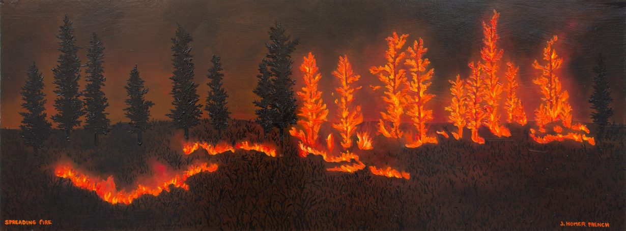 Spreading Fire, 2022, oil on wood, 31 × 81 cm. Courtesy the artist; Massimo De Carlo, Milan; and Various Small Fires, Los Angeles