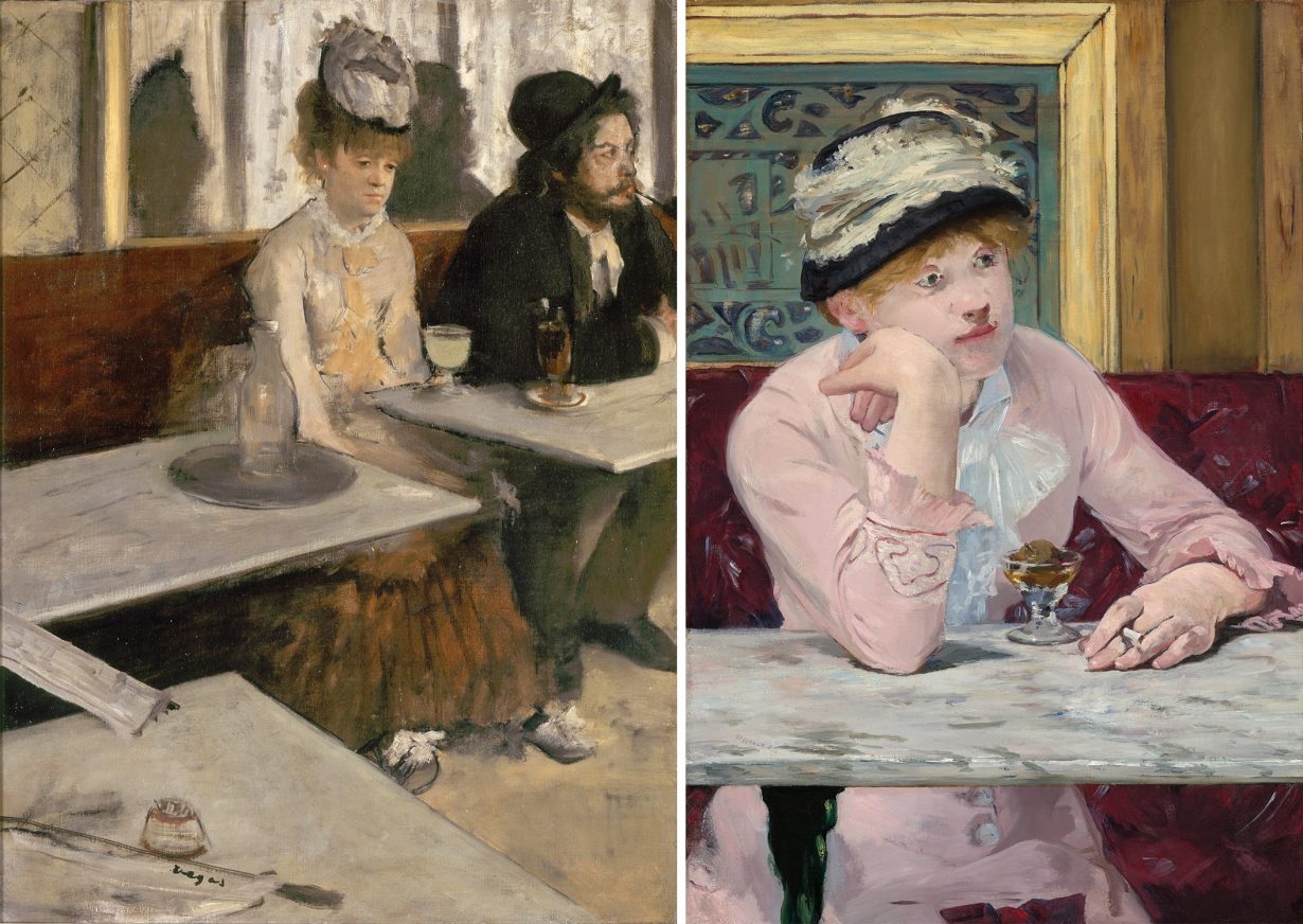 Edgar Degas, Dans un café, dit aussi L'absinthe, 1875 et 1876, huile sur toile, 92 x 68,5 cm © Musée d’Orsay, Dist. RMN-Grand Palais / Patrice Schmidt (left). Edouard Manet, La prune, 1877, huile sur toile, 73.6 x 50.2 cm. National Gallery of Art, Washington, Collection of Mr. and Mrs. Paul Mellon Courtesy National Gallery of Art, Washington (right)