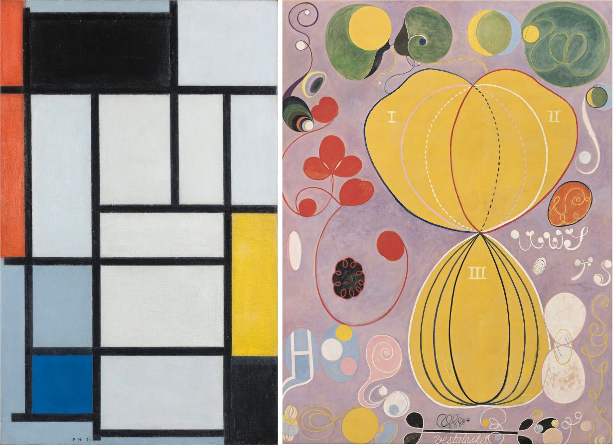 Piet Mondrian, <em>Composition with Red, Black, Yellow, Blue and Grey</em>, 1921. Kunstmuseum Den Haag (left). Hilma af Klint, <em>The Ten Largest, Group IV, No. 7, Adulthood</em>, 1907. Courtesy of The Hilma af Klint Foundation (right) 