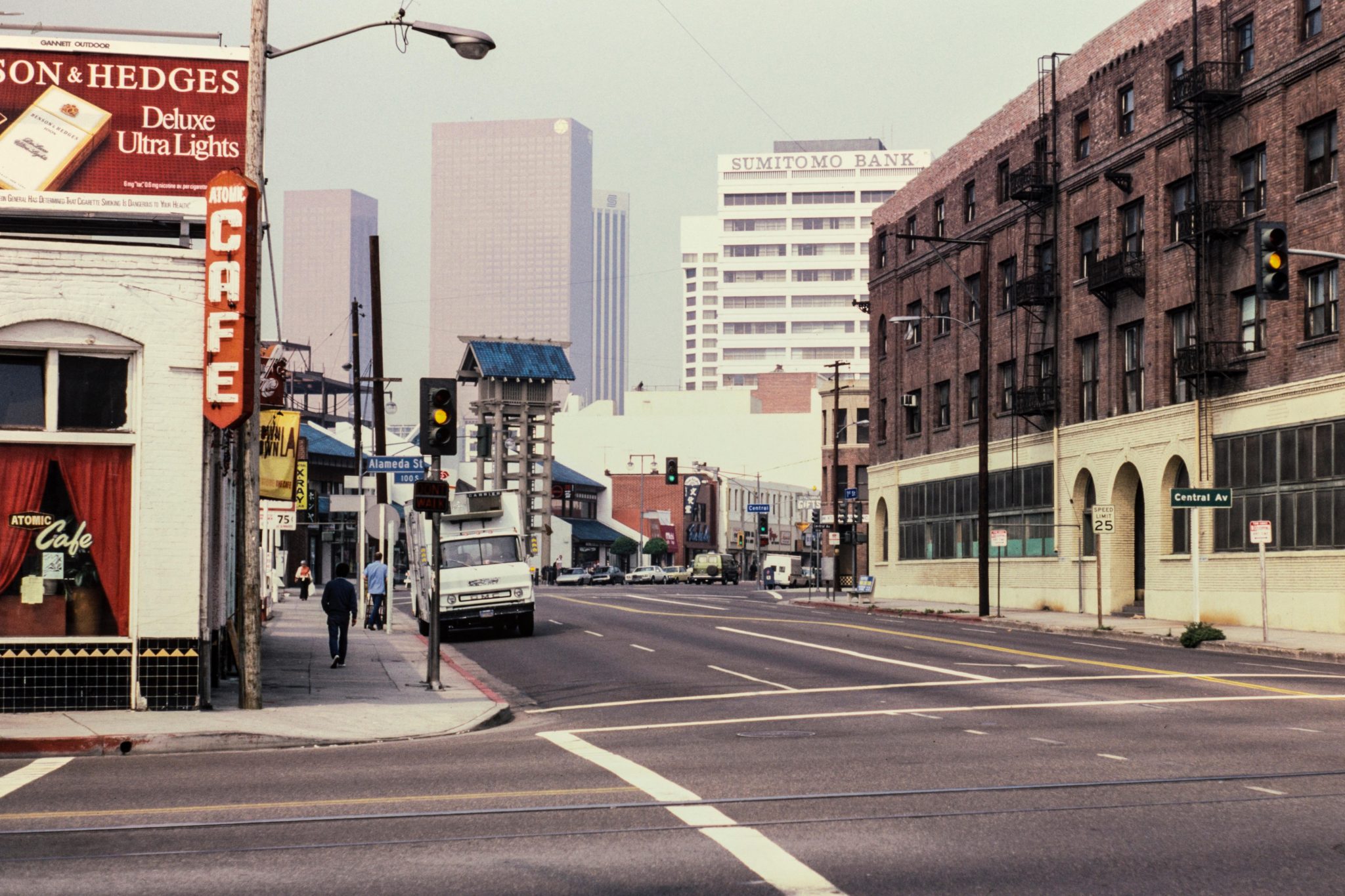 View of First Street at Alameda Street in downtown Los Angeles, California, USA, 1984 © Alamy
