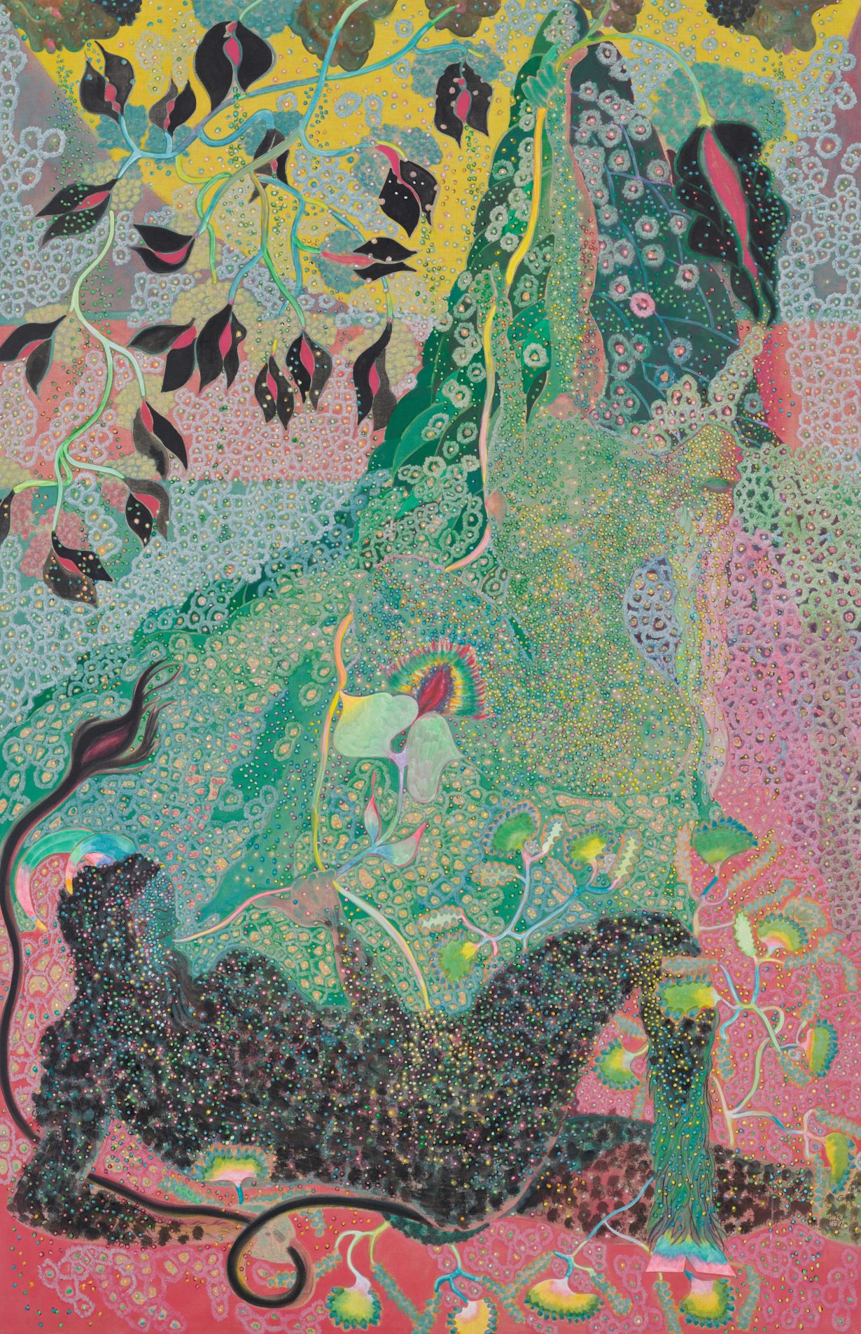 Chris Ofili, The Swing, 2020-2023, oil and charcoal on linen, 310 x 200 cm, 122 x 78 3:4 in © Chris Ofili. Courtesy the artist and Victoria Miro