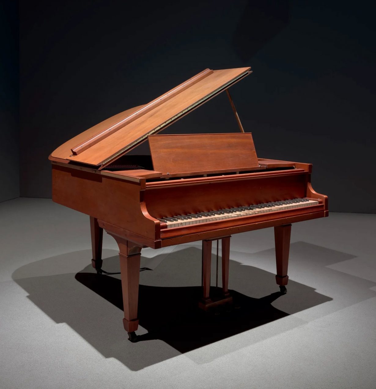 Nikita Gale, TEMPO RUBATO (STOLEN TIME), 2023–24, modified player piano, audio, LED lighting system. Installation view, Whitney Museum of American Art, New York. From the 2024 Whitney Biennial. Photo: Ron Amstutz