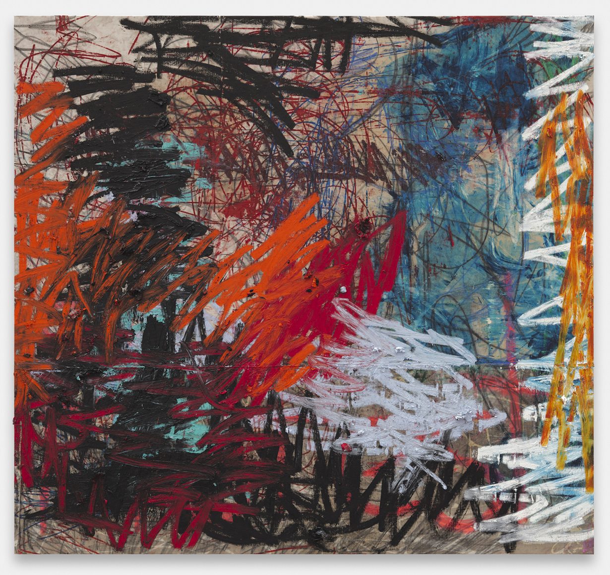 Oscar Murillo, manifestation, 2023-2024. Oil, oil stick, spray paint, dirt and graphite on canvas and linen © Oscar Murillo. Courtesy the artist and David Zwirner