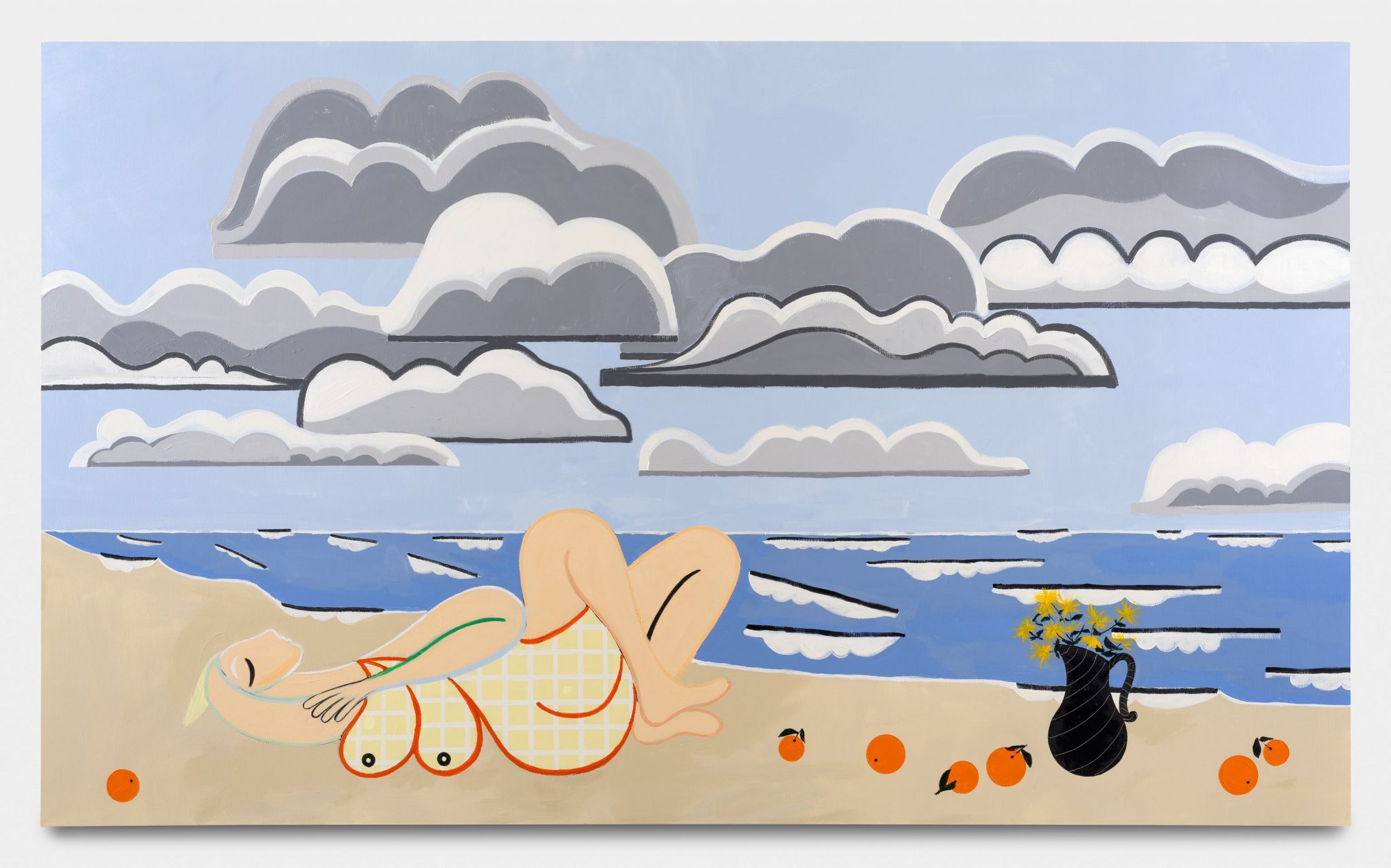 Farah Atassi, Lone Bather and Clouds 2, 2024. Oil and glycerol on canvas, 150 x 250 cm, 59 x 98 1/2 in © Farah Atassi. Courtesy of the Artist and Almine Rech. Photo: Nicolas Brasseur