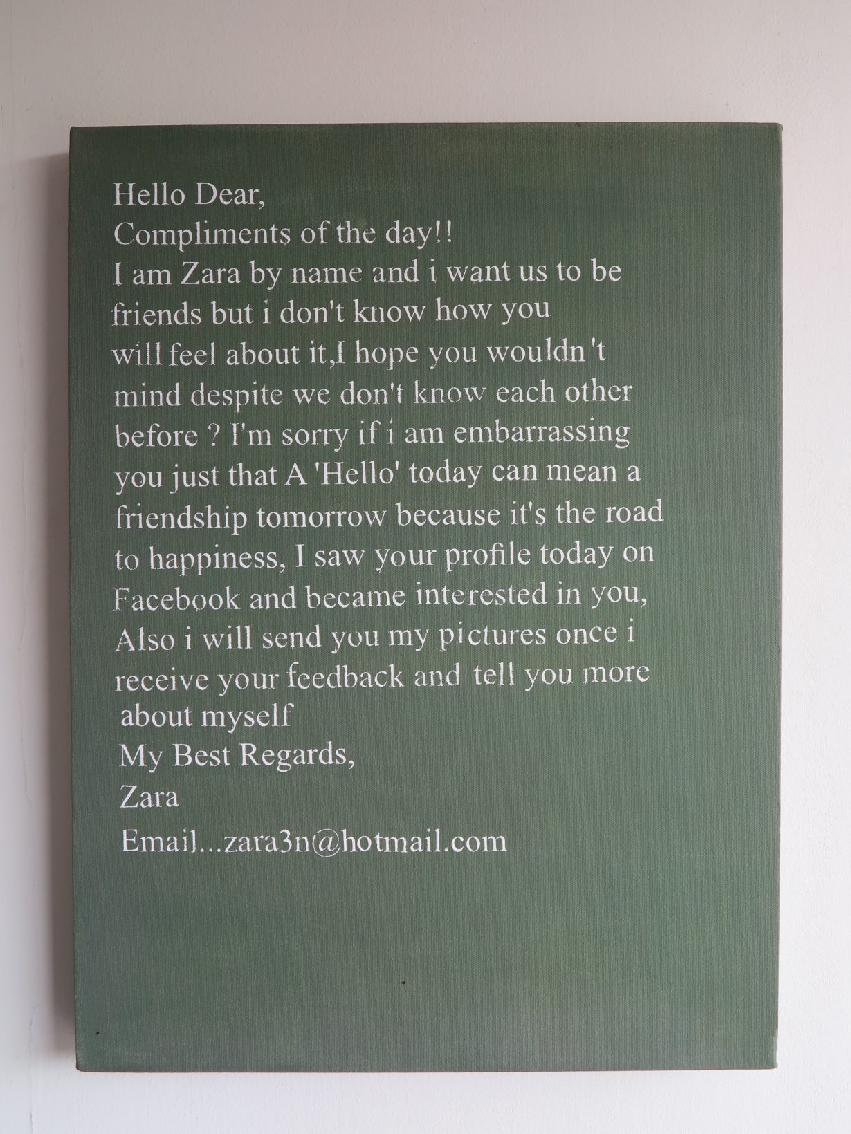 Heman Chong, Emails from Strangers (Zara), 2015, acrylic on canvas, 46 × 61 × 4 cm, signed and dated verso, unique