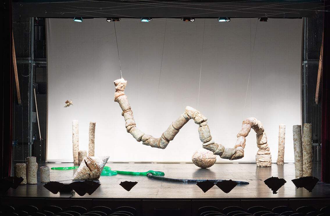 Installation view, Nour Mobarak, Dafne Phono, Municipal Theatre of Piraeus, 2023. Photograph: Stathis Mamalakis. Courtesy the artist and Sylvia Kouvali, London / Piraeus