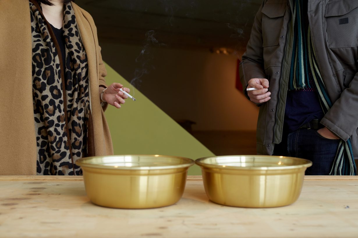 Heman Chong, Smoke Gets In (Your Eyes), 2015, two ashtrays. Photo: Sang-tae Kim. Courtesy the artist, Art Sonje Center, Seoul, and Wilkinson, London