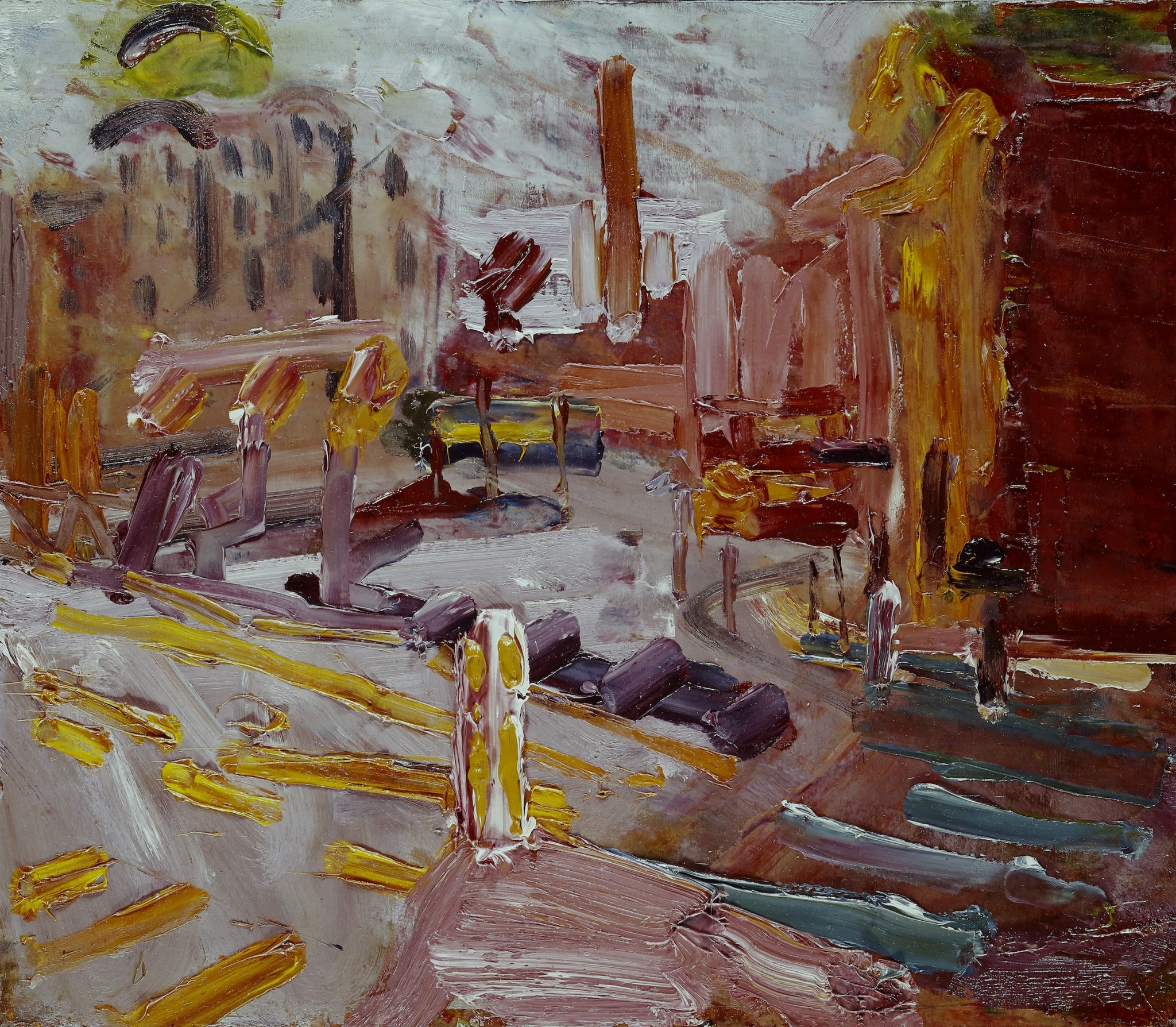 Auerbach Camden Theatre Cold Spring 1977 oil on board 15 x 18 in. 40 x 45.7 cm