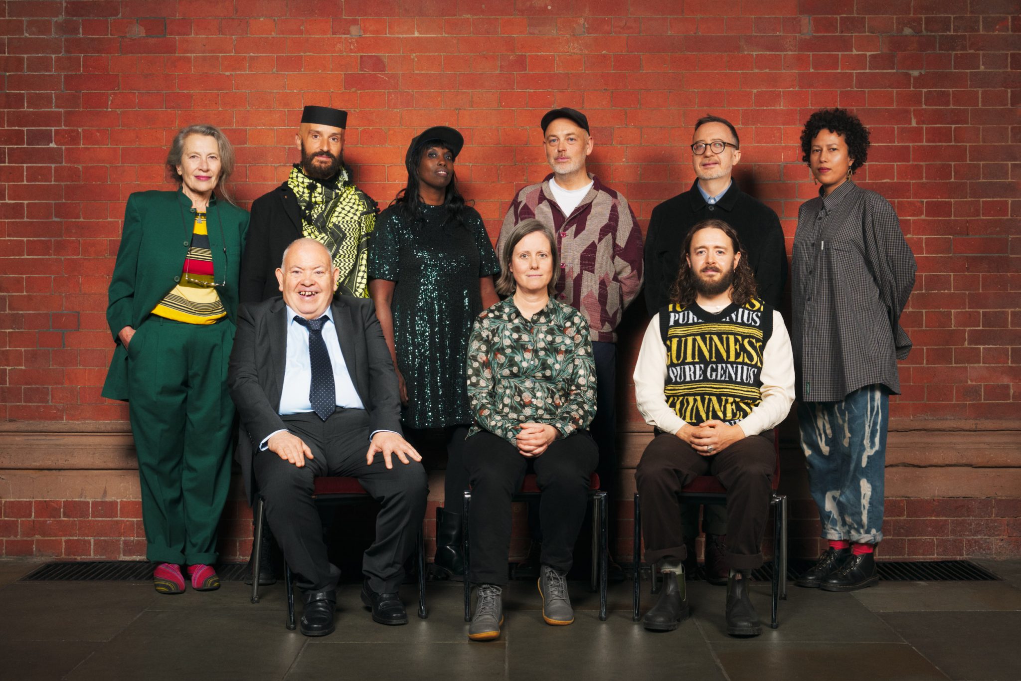 Awards for Artists 2024 recipients. Back row L‐R_ Anne Bean, Mikhail Karikis, Grace Ndiritu, Aidan O’Rourke, Andrew Hamilton, Auclair. Front L‐R_ Barry Anthony Finan, Rachel Musson, Sean Roy Parker. (Mark Sanders not present). Photo: Emile Holba