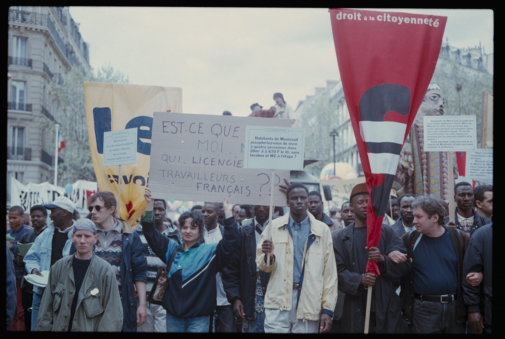 Bouba Touré, May 1st demonstration in solidarity to the Sans- Papiers in hunger strike at the Halle Pajol before the occupation of the Saint Bernard Church, Paris, 1996. Courtesy the Bouba Touré Archive