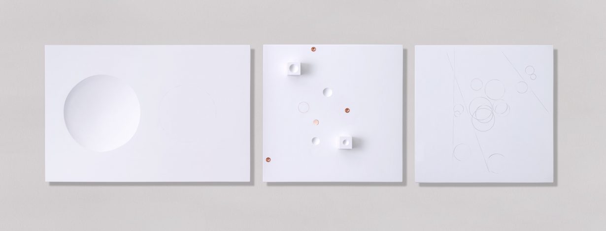 Prabhavathi Meppayil, m:twenty two,m:twenty three, m:twenty four, 2024, Copper wire embedded in gesso panel; Found object, gesso and copper, various dimensions. Courtesy the artist and Jhaveri Contemporary