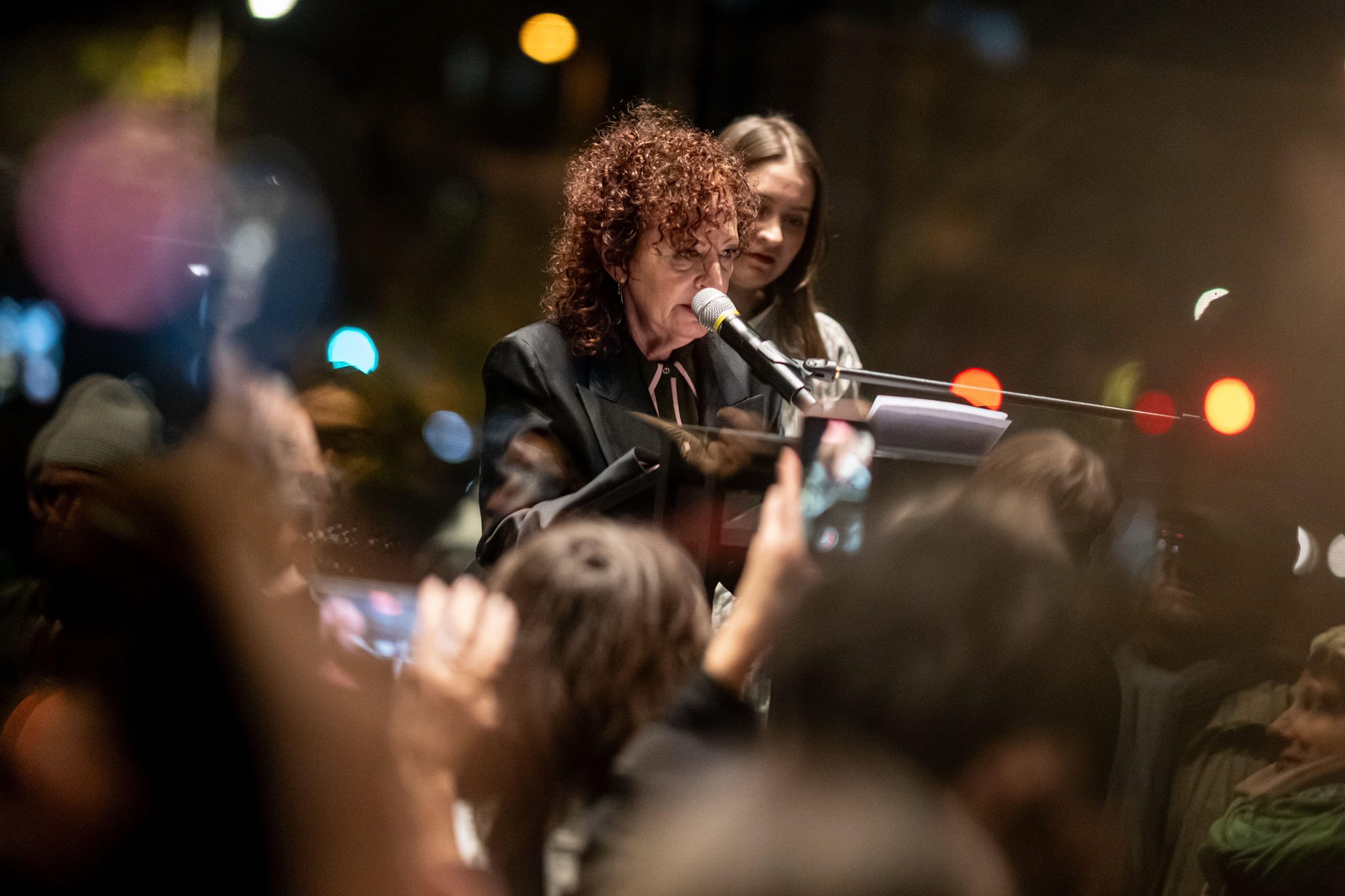 Nan Goldin speaks at the opening of her retrospective at the Neue Nationalgalerie. Photo © Fabian Sommer/dpa/Alamy Live News