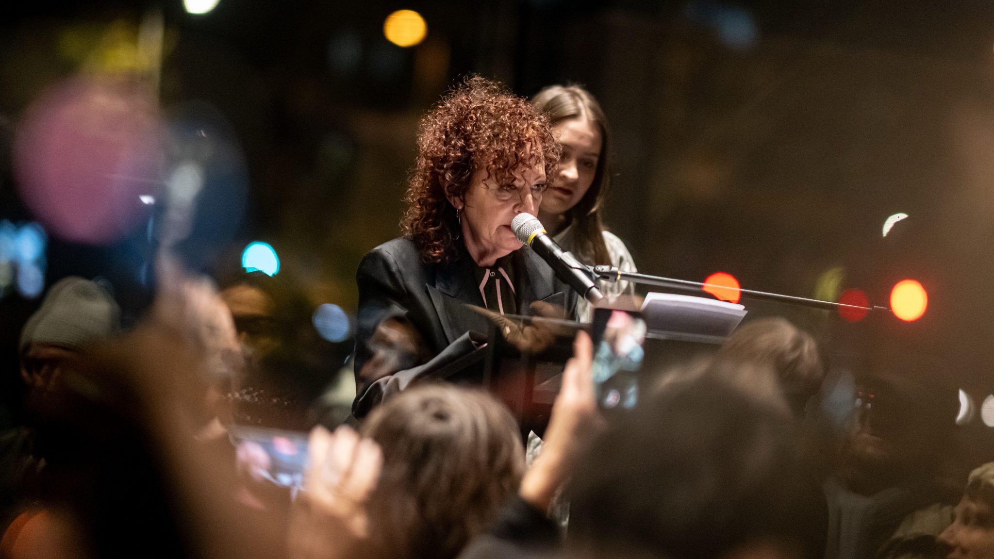 Nan Goldin speaks at the opening of her retrospective at the Neue Nationalgalerie. Photo © Fabian Sommer/dpa/Alamy Live News