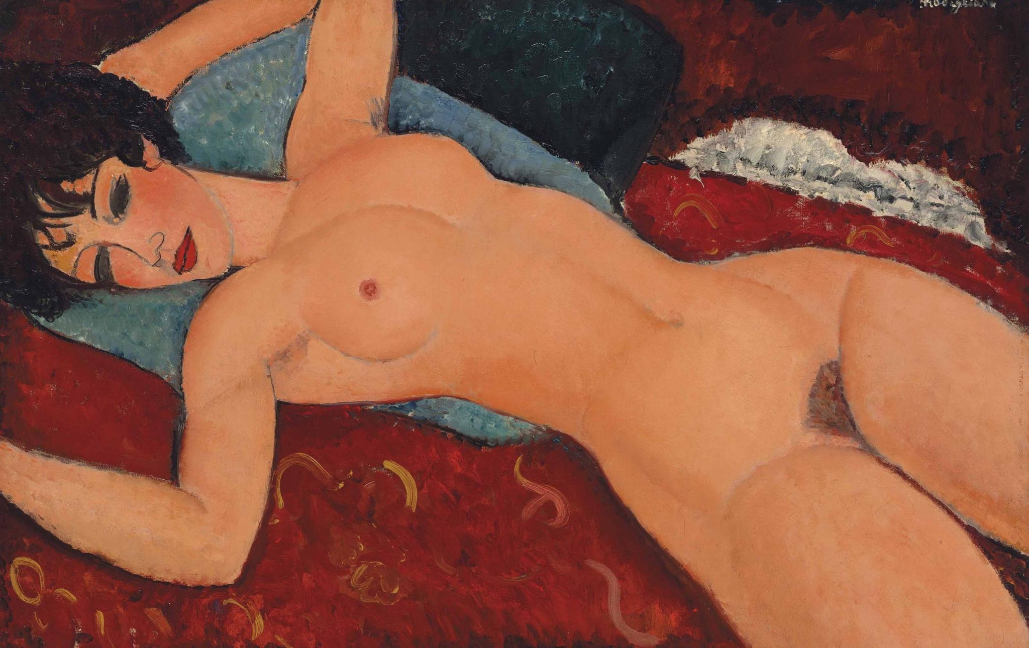 Amedeo Modigliani, Red Nude, 1917, oil on canvas, 60×92cm. Public domain, via Wikimedia Commons