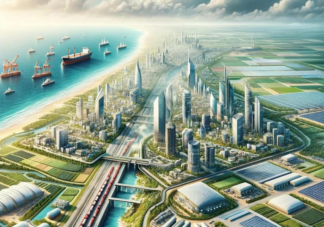 AI-generated renderings show skyscrapers, solar fields, water desalination plants, a new high speed rail corridor, and oil rigs off of Gaza’s shoreline. Courtesy Israel PMO