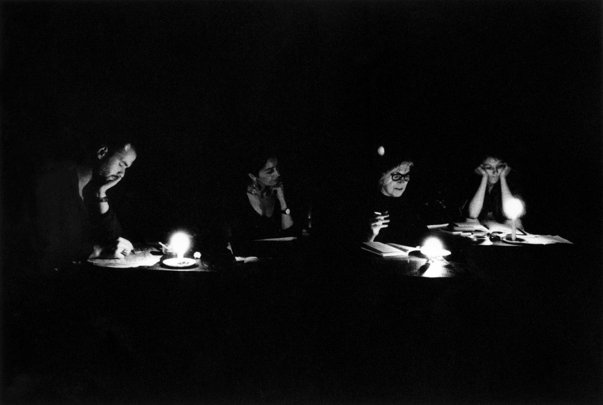 Susan Sontag, the American novelist, essayist and critic, in Sarajevo to stage Samuel Beckett's play 'Waiting for Godot' in the midst of the war. Rehearsals were held in candlelight. Photo © Paul Lowe/Panos Pictures