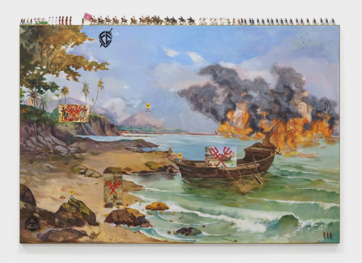 Jaime Lauriano, Invasão de Pedro Álvares Cabral em Porto Seguro em 1500, 2023. Acrylic paint, stickers, inkjet printing, lead miniatures and prints on MDF. 55.9 x 78.9 x 1.6 inches. Courtesy the artist and Nara Roesler Gallery