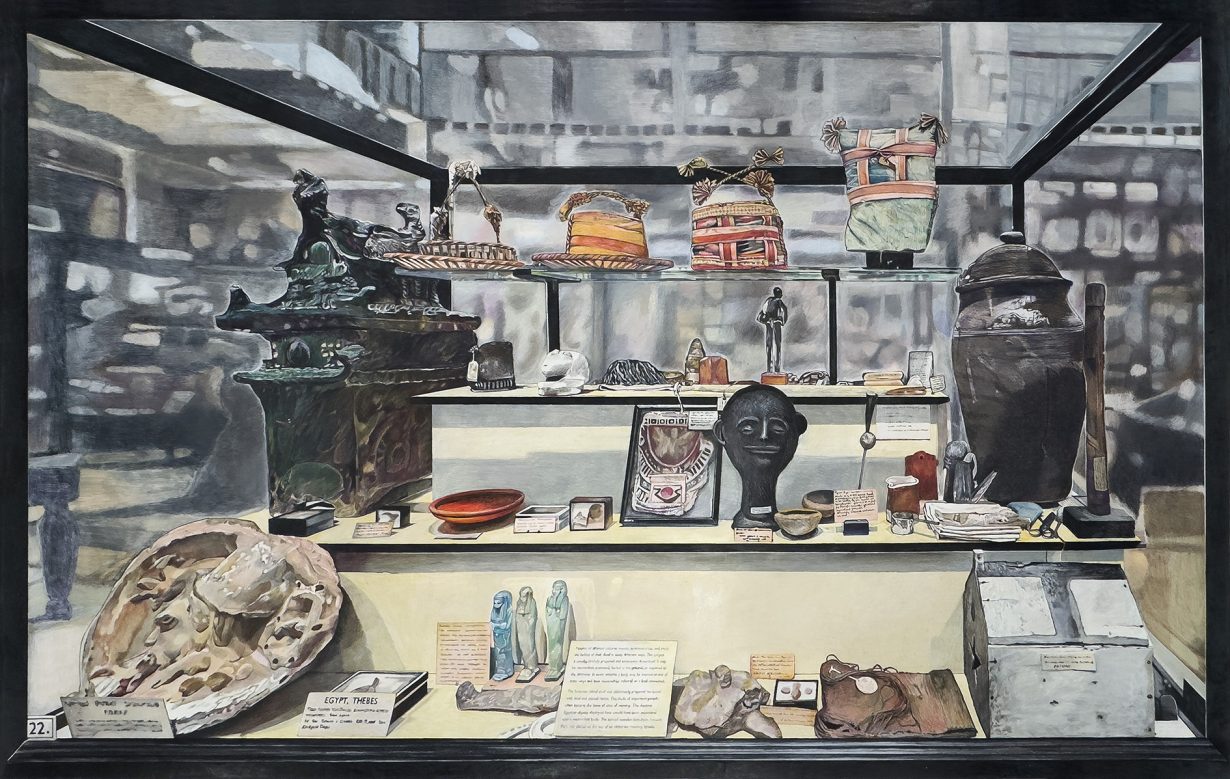 Gala Porras-Kim, 1 Vitrine C.122.A side B with 41 Treatment of the Dead objects at Pitt Rivers Museum, 2025. Coloured pencil on paper, 116.8 x 182.9 cm © Gala Porras-Kim. Courtesy the artist and Sprüth Magers