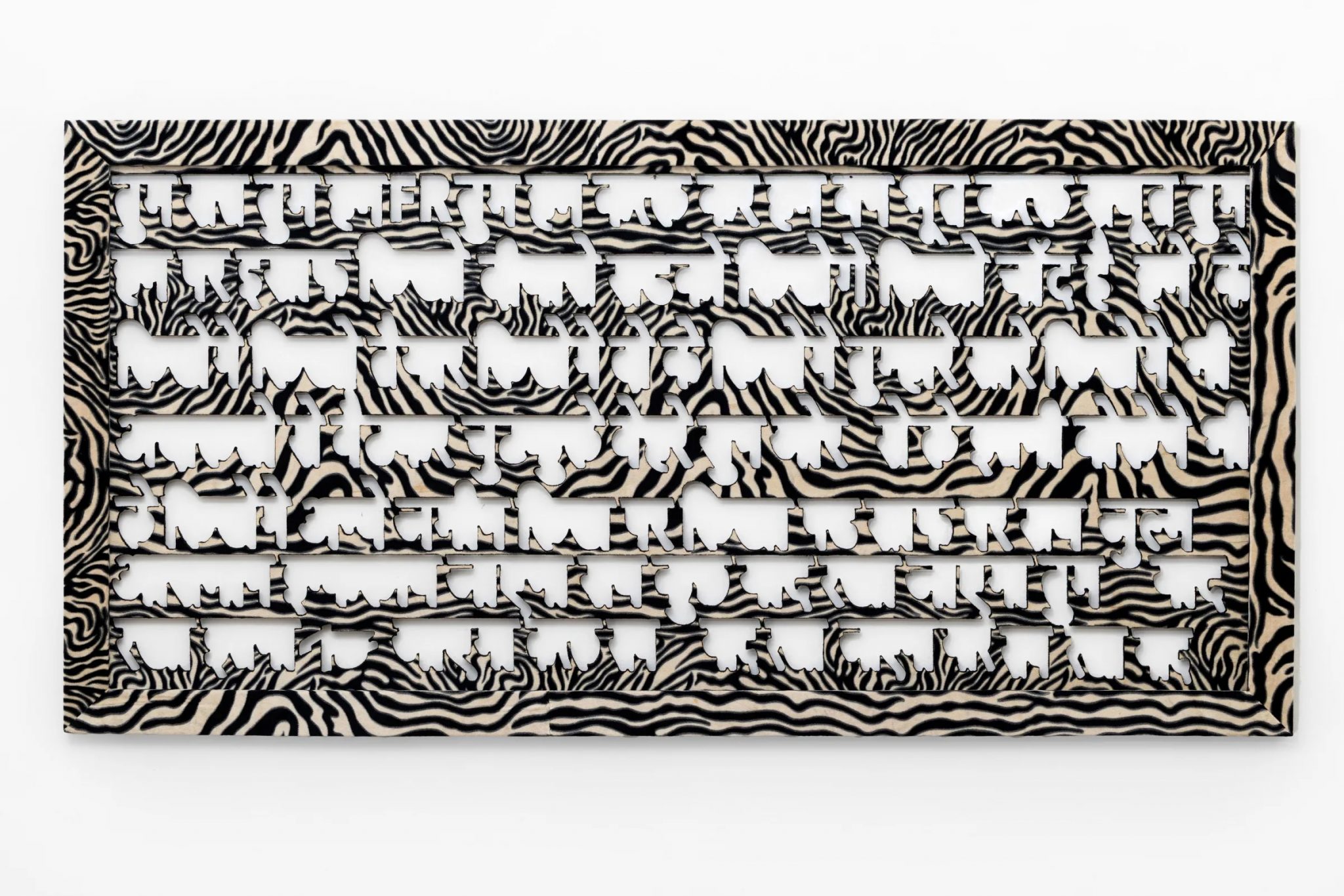 Anita Dube, Old Zebra (Disappeared Poem), MDF, velvet fabric, glue and paint, 41 x 81.5 in, 2023. Courtesy Vadehra Art Gallery and the artist