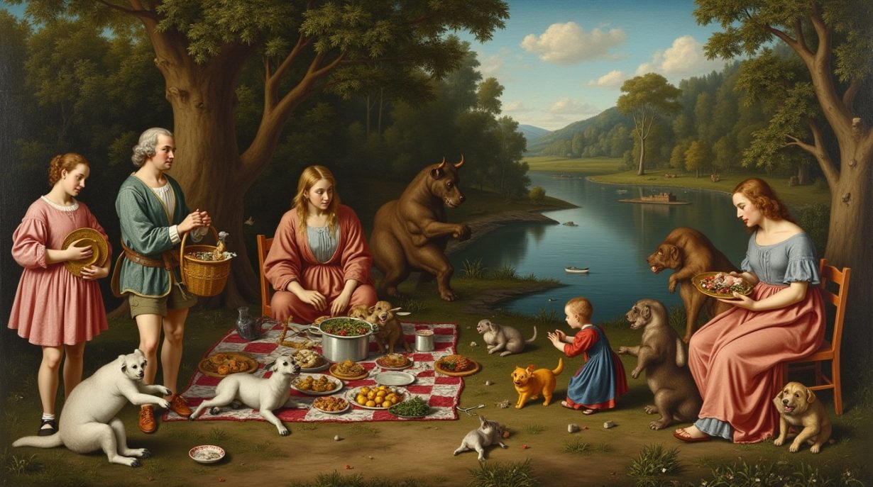 A rendering by Krea, with the prompt ‘people having a picnic by a river with animals’