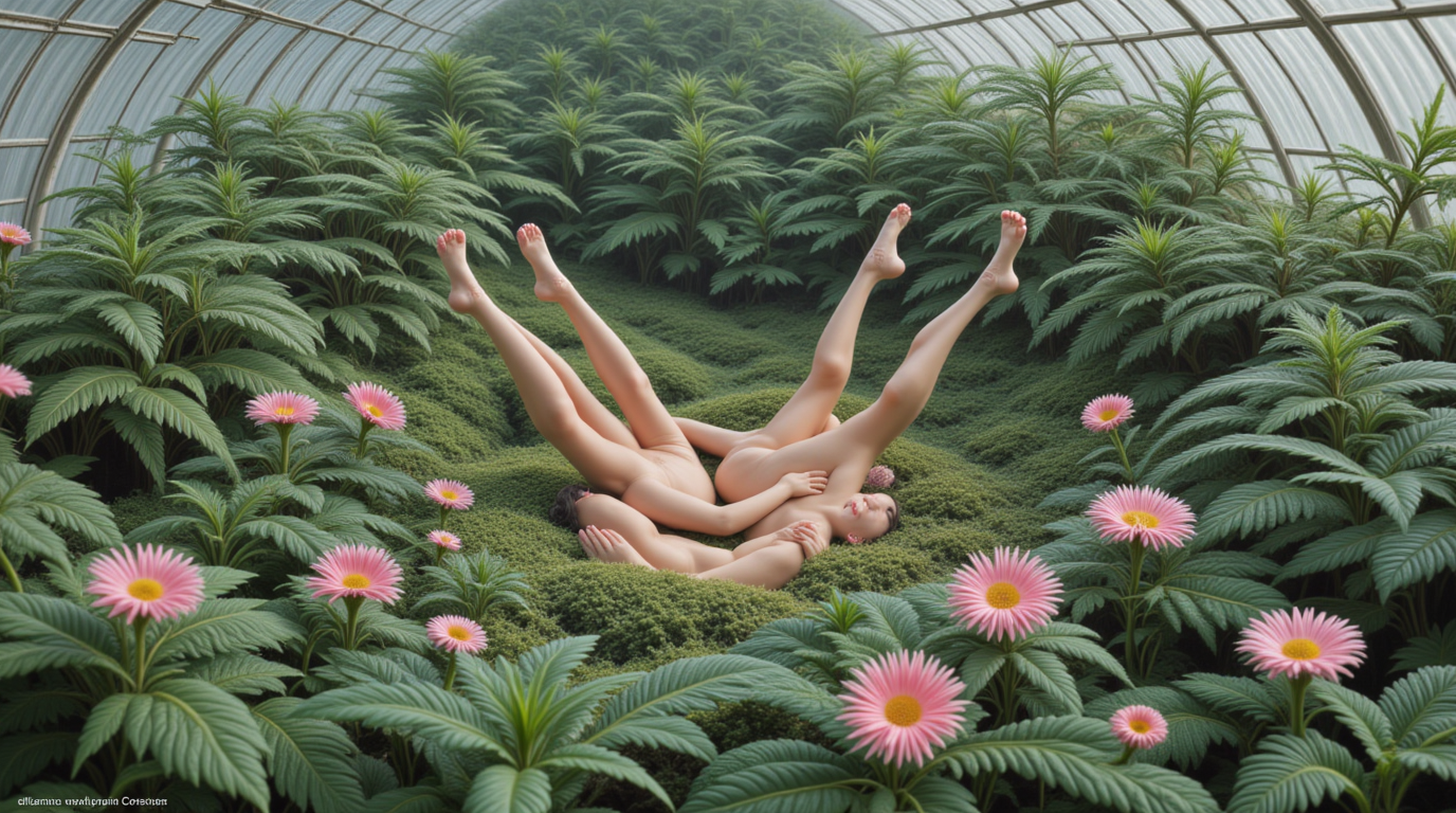 A rendering by Krea, with the prompt ‘people linking arms lying in a greenhouse among many plants’