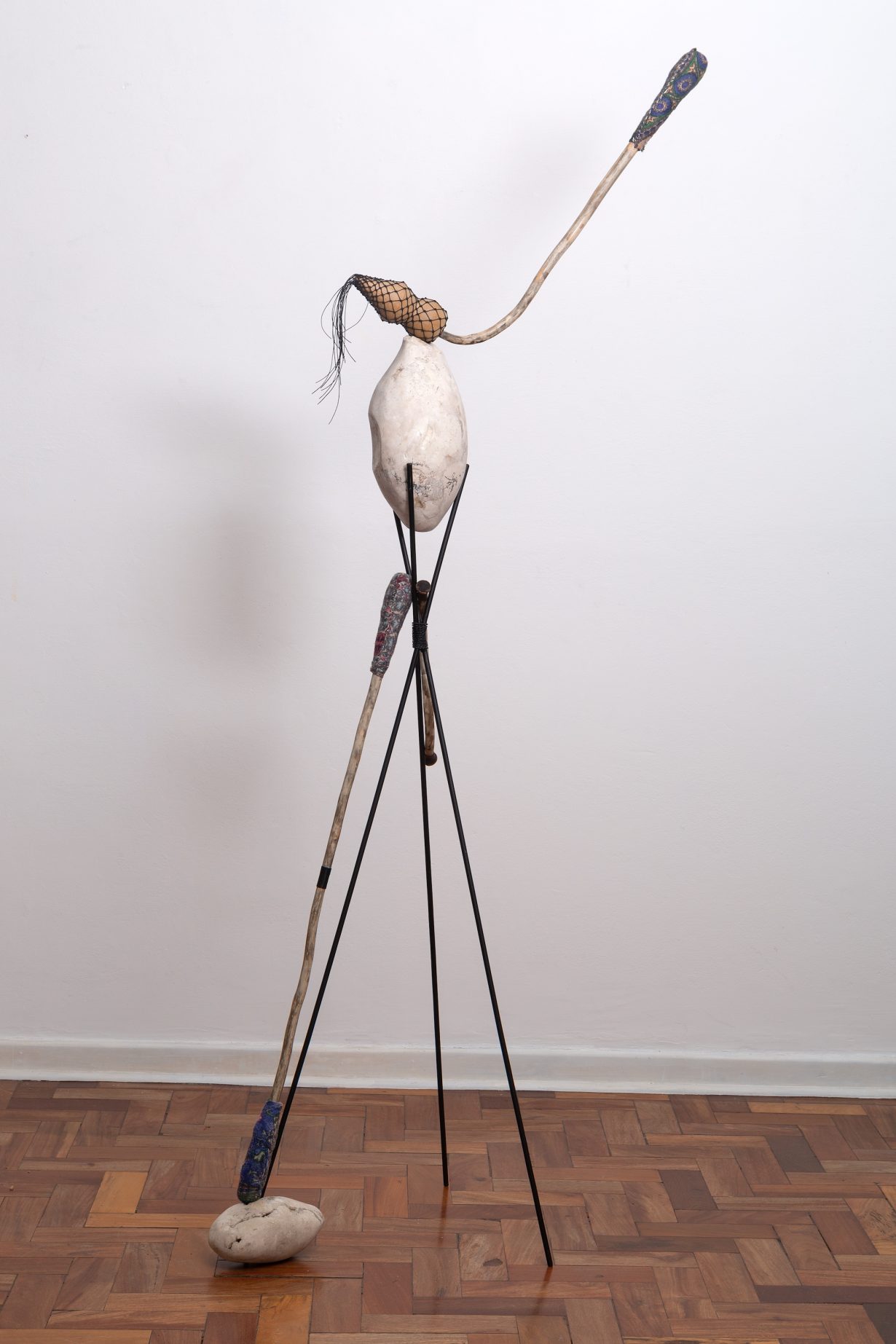 Claudio Cretti, Untitled (Mafuá de Trens series), 2025, Iron, marble, piece of wood, waxed string, wooden drumsticks and cloth, 176x56x63cm. Photo: Denise Adams