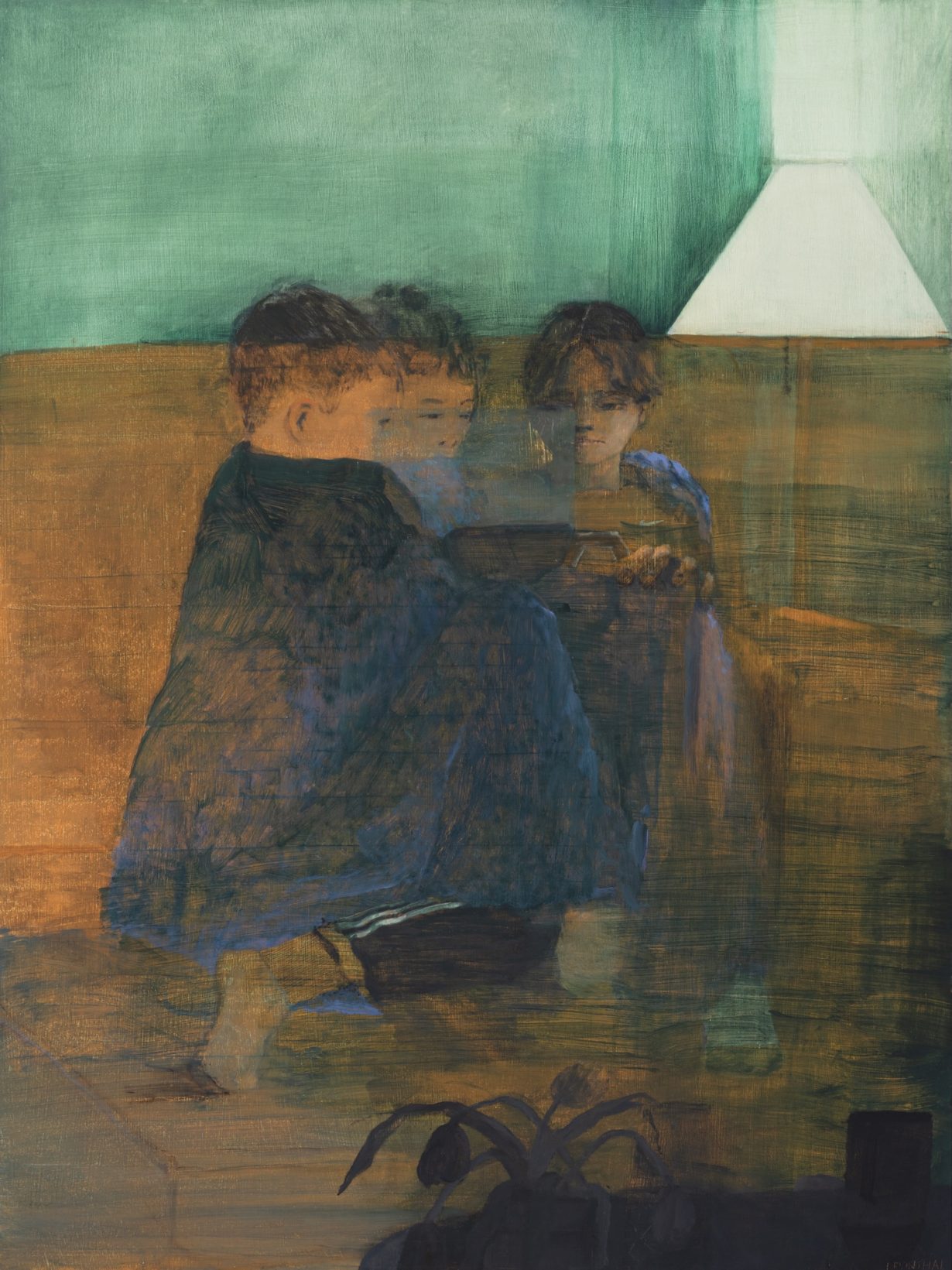 Aubrey Levinthal, Couch (Three Boys), 2025, oil on panel, 102 × 76 cm. Photo: Neighboring States. © the artist. Courtesy the artist and Ingleby Gallery, Edinburgh
