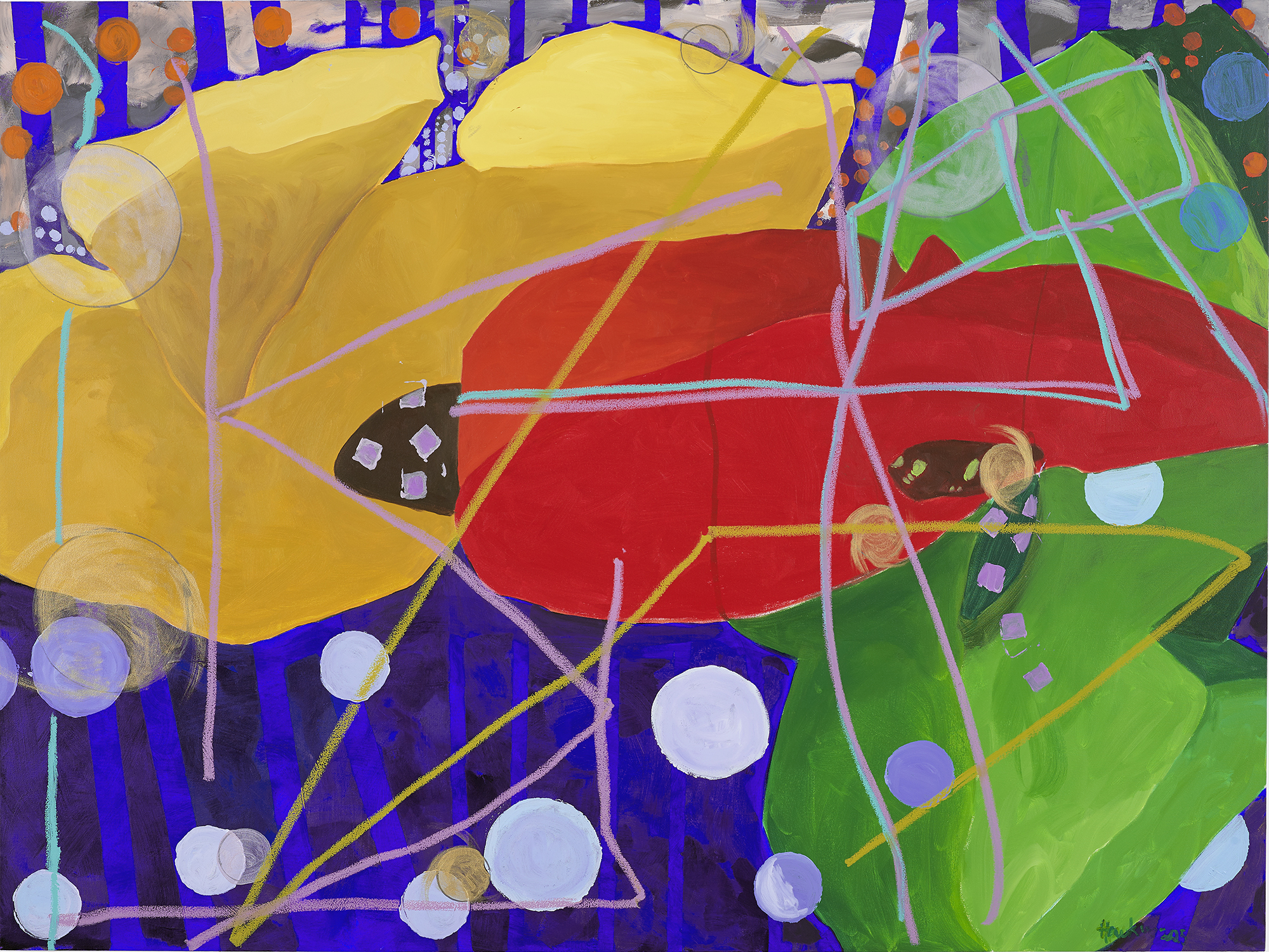 Cynthia Hawkins, Chapter 4: Maps Necessary for a Walk in 4D #7, 2025, acrylic and oil bar on canvas, 153 × 203 × 5 cm. Photo: Andy Keate. © the artist. Courtesy the artist and Hollybush Gardens, London
