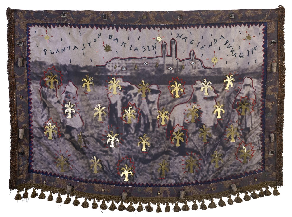 Cian Dayrit in collaboration with Henricus, Fever Dreams of Progress: Grease of Empire,?em>, 2025, brass, embroidery and digital print on fabric, 99 × 138 cm. Courtesy the artists
